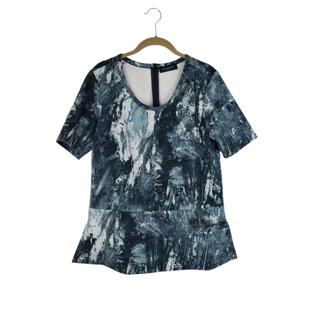 Piazza Sempione Scuba Top Short Sleeve Peplum Blue Gray Marble Size 40 US 6